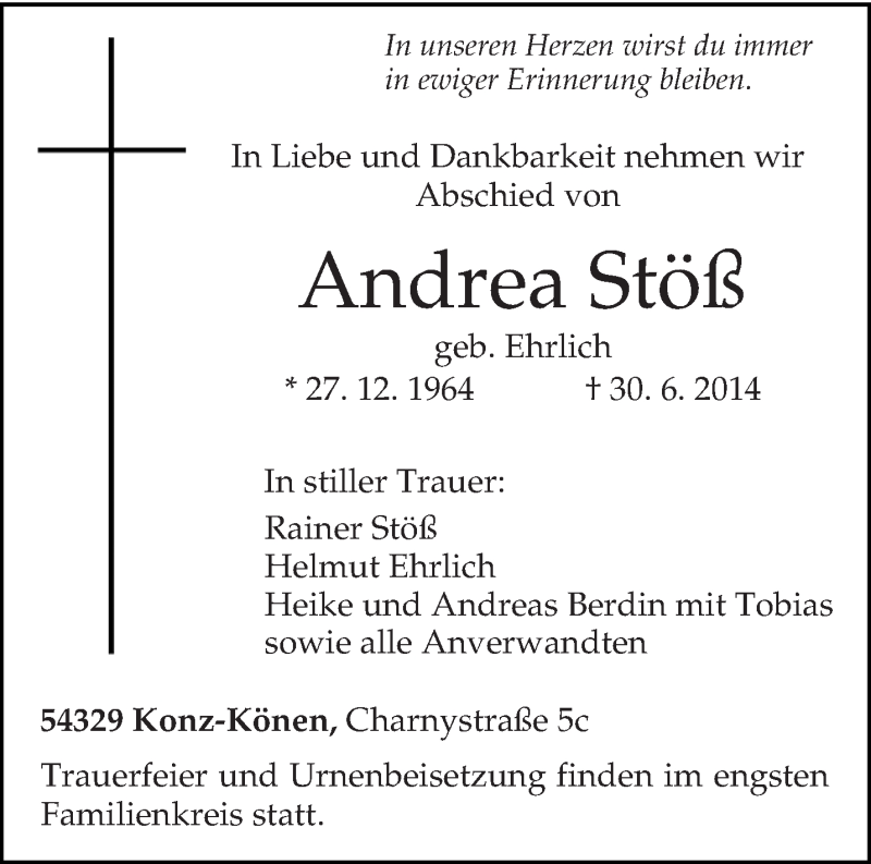  Traueranzeige für Andrea Stöß vom 08.07.2014 aus trierischer_volksfreund