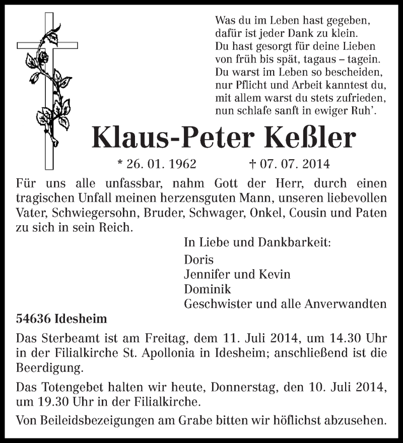  Traueranzeige für Klaus-Peter Keßler vom 10.07.2014 aus trierischer_volksfreund