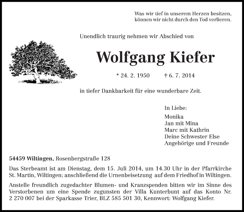  Traueranzeige für Wolfgang Kiefer vom 12.07.2014 aus trierischer_volksfreund