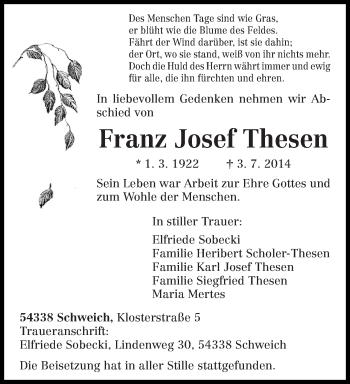 Traueranzeige von Franz Josef Thesen von trierischer_volksfreund