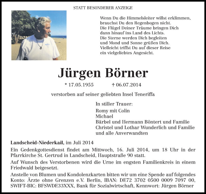  Traueranzeige für Jürgen Börner vom 12.07.2014 aus trierischer_volksfreund