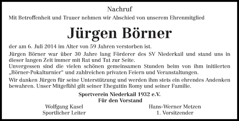  Traueranzeige für Jürgen Börner vom 12.07.2014 aus trierischer_volksfreund