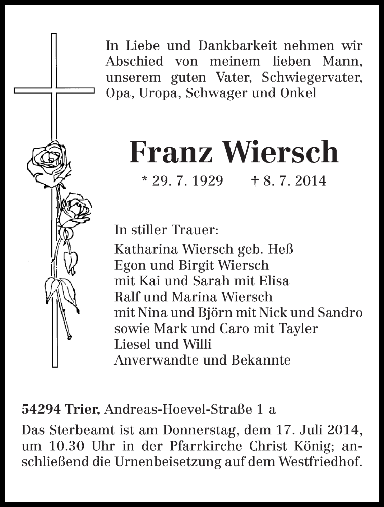 Traueranzeige für Franz Wiersch vom 12.07.2014 aus trierischer_volksfreund