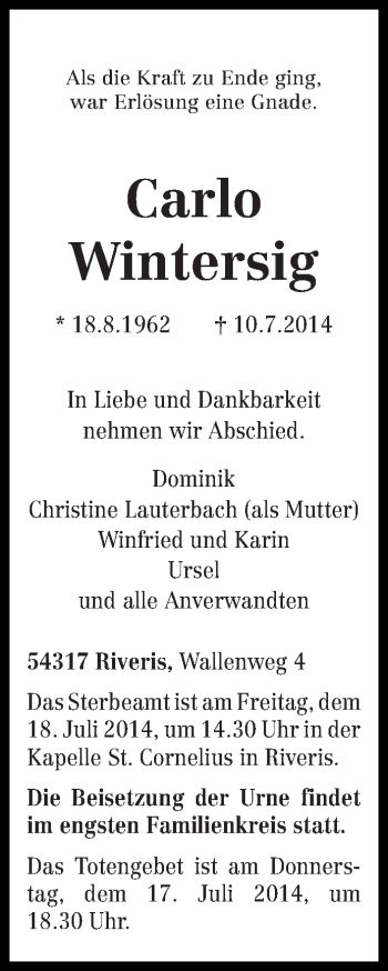 Traueranzeige von Carlo Wintersig von trierischer_volksfreund