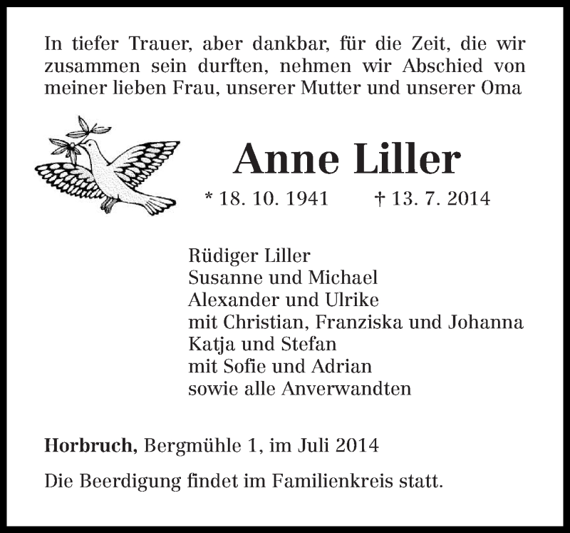  Traueranzeige für Anne Liller vom 15.07.2014 aus trierischer_volksfreund