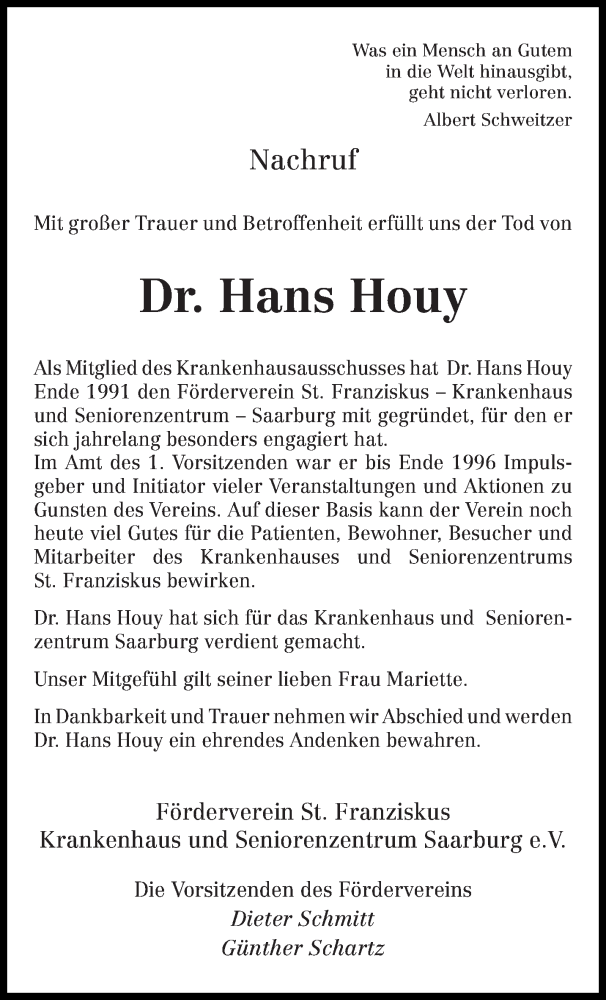  Traueranzeige für Hans N. Houy vom 15.07.2014 aus trierischer_volksfreund