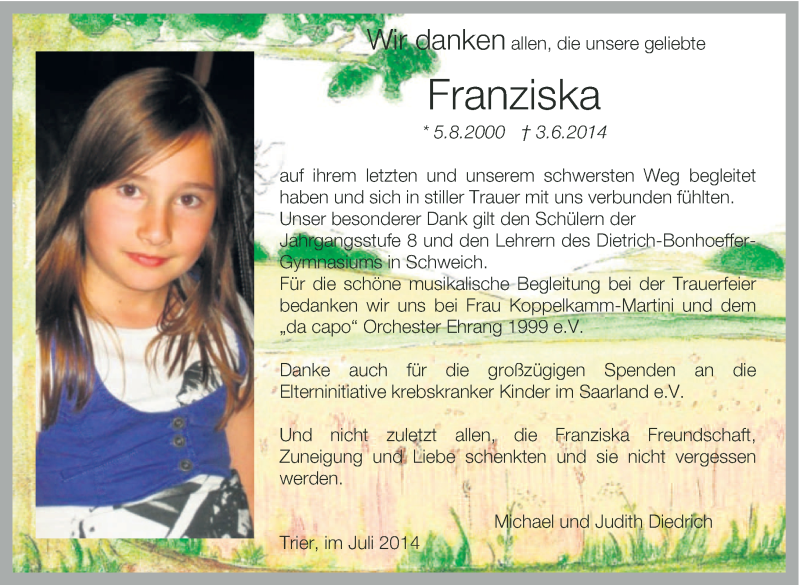  Traueranzeige für Franziska Diedrich vom 16.07.2014 aus trierischer_volksfreund