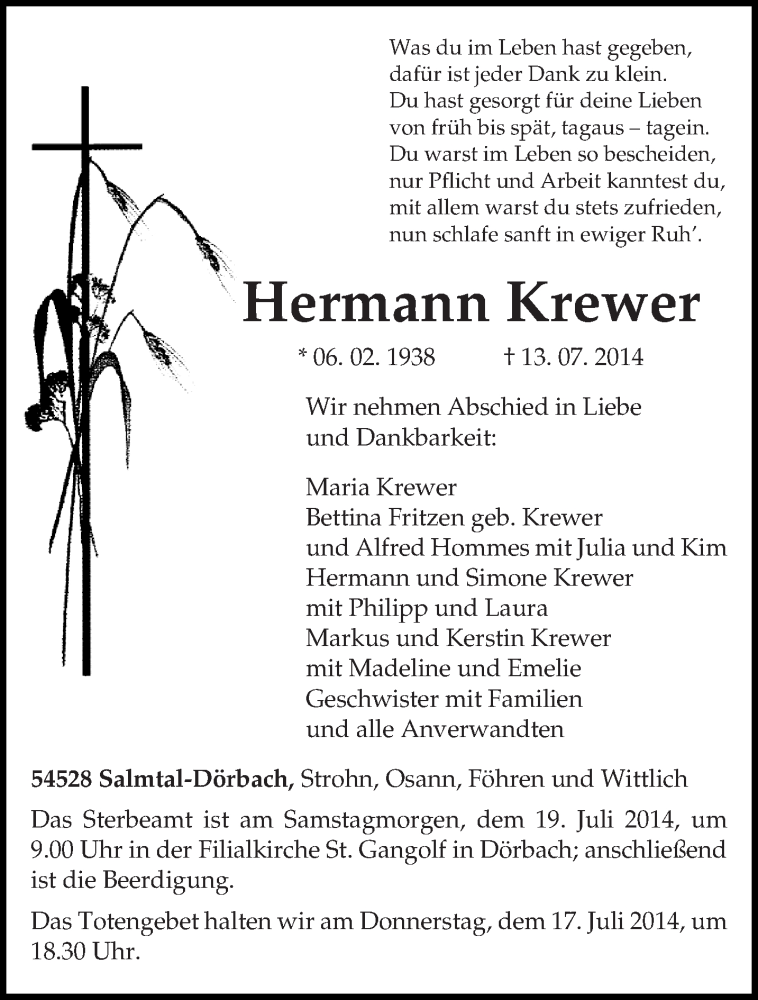  Traueranzeige für Hermann Krewer vom 16.07.2014 aus trierischer_volksfreund