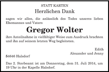 Traueranzeige von Gregor Wolter von trierischer_volksfreund