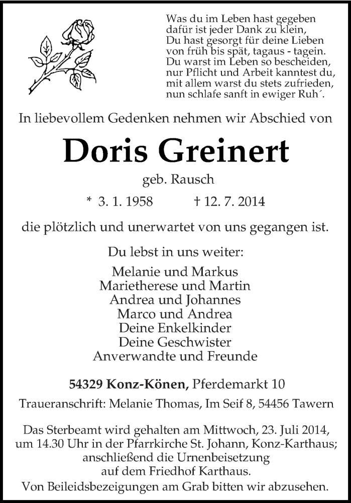  Traueranzeige für Doris Greinert vom 19.07.2014 aus trierischer_volksfreund