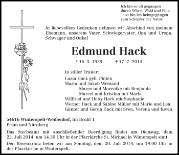 Traueranzeige von Edmund Hack von trierischer_volksfreund