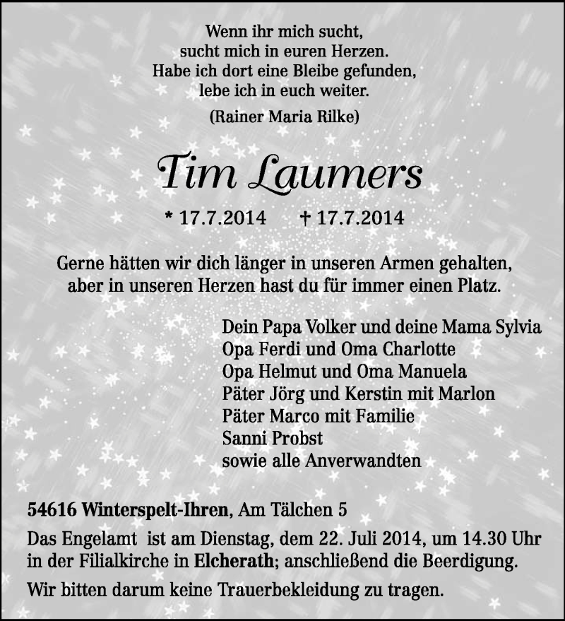  Traueranzeige für Tim Laumers vom 19.07.2014 aus trierischer_volksfreund