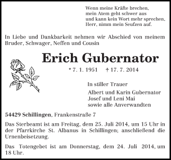 Traueranzeige von Erich Gubernator von trierischer_volksfreund