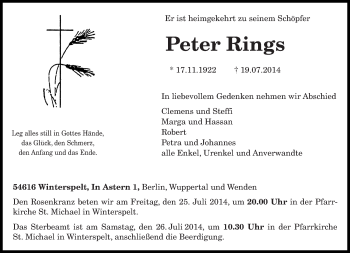 Traueranzeige von Peter Rings von trierischer_volksfreund