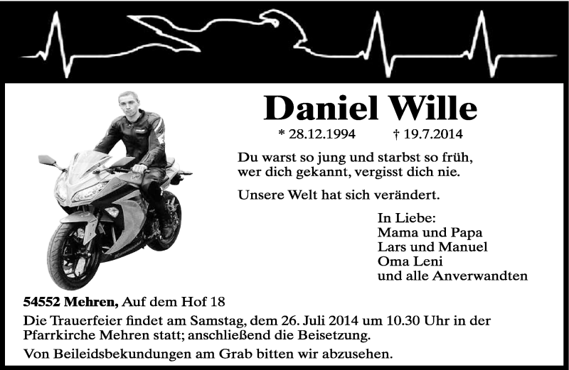  Traueranzeige für Daniel Wille vom 23.07.2014 aus trierischer_volksfreund