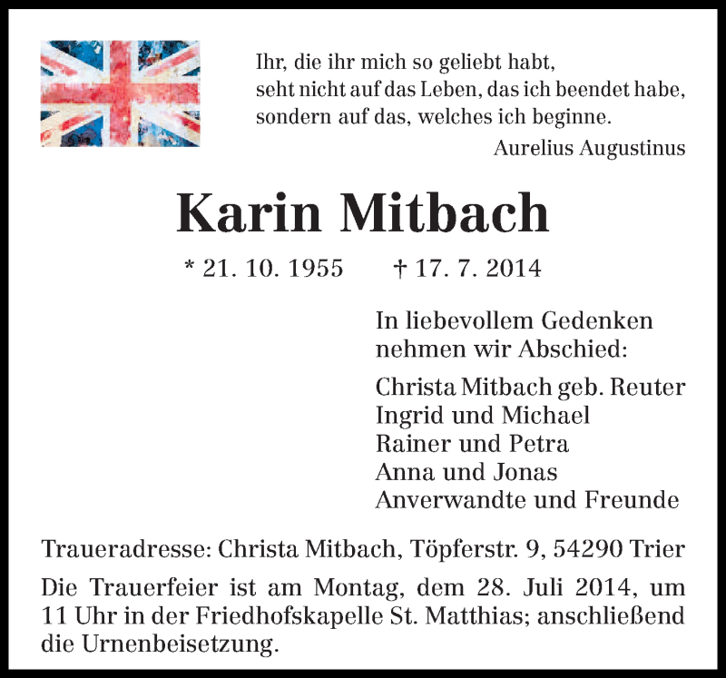  Traueranzeige für Karin Mitbach vom 24.07.2014 aus trierischer_volksfreund