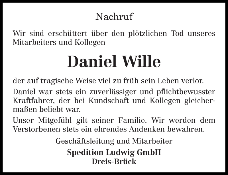  Traueranzeige für Daniel Wille vom 24.07.2014 aus trierischer_volksfreund