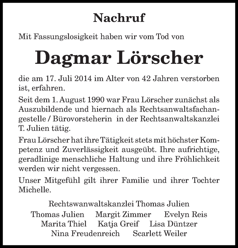  Traueranzeige für Dagmar Lörscher vom 24.07.2014 aus trierischer_volksfreund