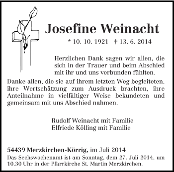 Traueranzeige von Josefine Weinacht von trierischer_volksfreund