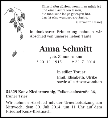 Traueranzeige von Anna Schmitt von trierischer_volksfreund