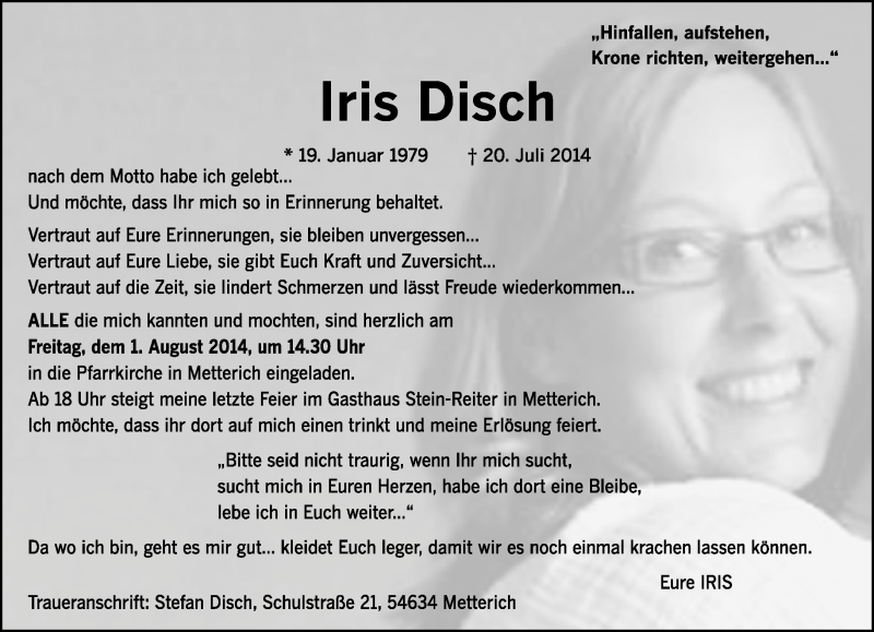  Traueranzeige für Iris Disch vom 26.07.2014 aus trierischer_volksfreund