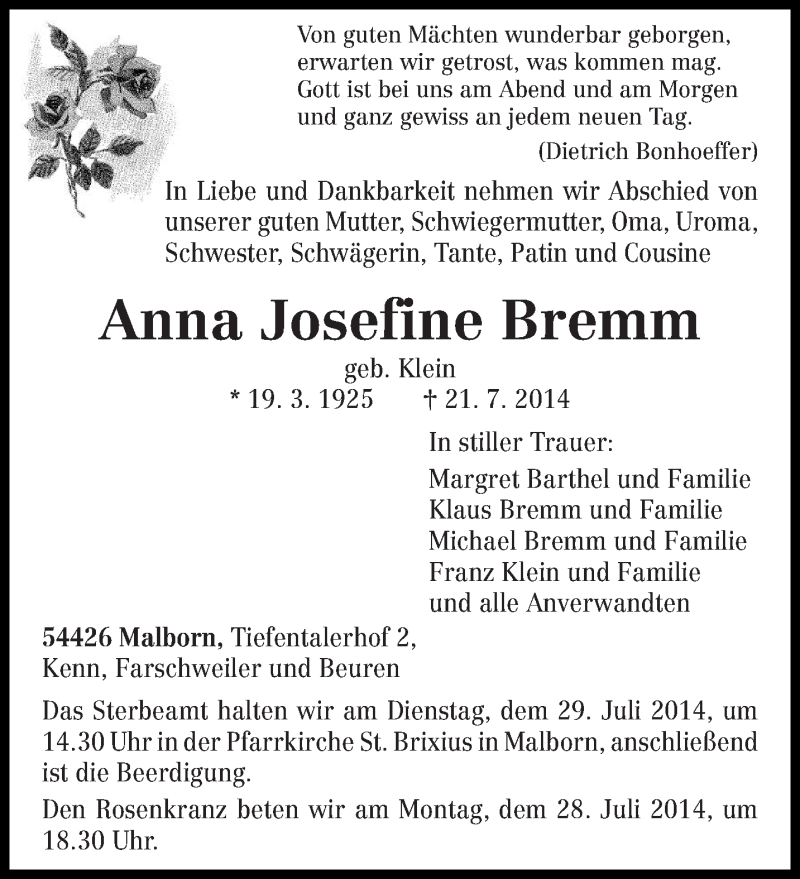  Traueranzeige für Anna Josefine Bremm vom 26.07.2014 aus trierischer_volksfreund