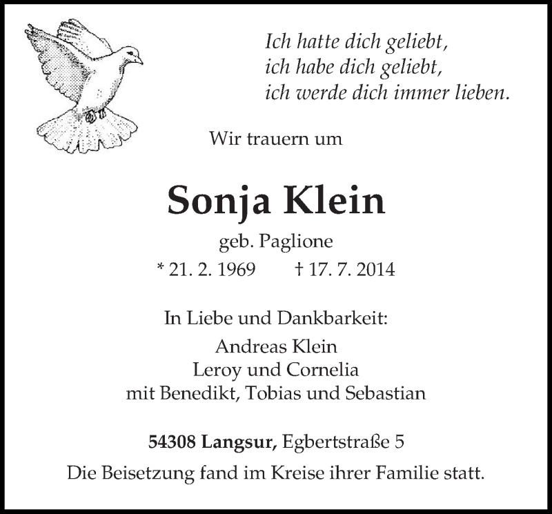  Traueranzeige für Sonja Klein vom 26.07.2014 aus trierischer_volksfreund