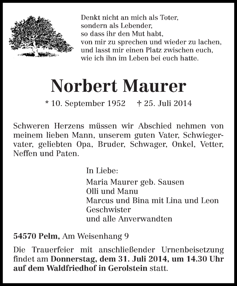  Traueranzeige für Norbert Maurer vom 29.07.2014 aus trierischer_volksfreund