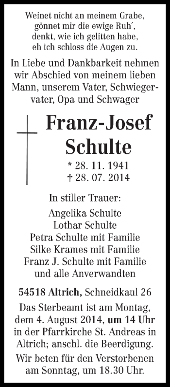 Traueranzeige von Franz-Josef Schulte von trierischer_volksfreund