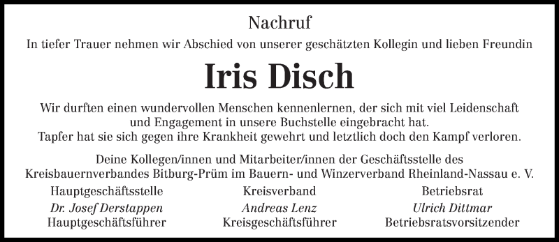  Traueranzeige für Iris Disch vom 30.07.2014 aus trierischer_volksfreund