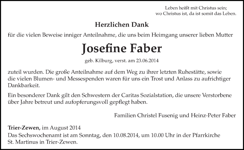  Traueranzeige für Josefine Faber vom 06.08.2014 aus trierischer_volksfreund