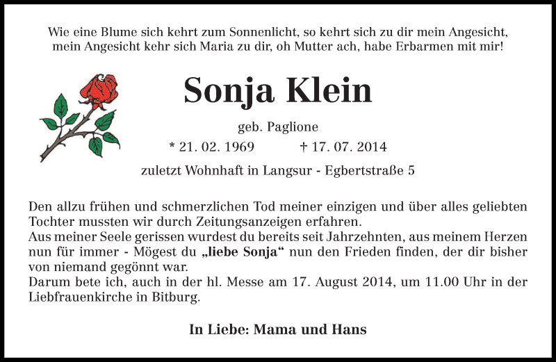  Traueranzeige für Sonja Klein vom 02.08.2014 aus trierischer_volksfreund