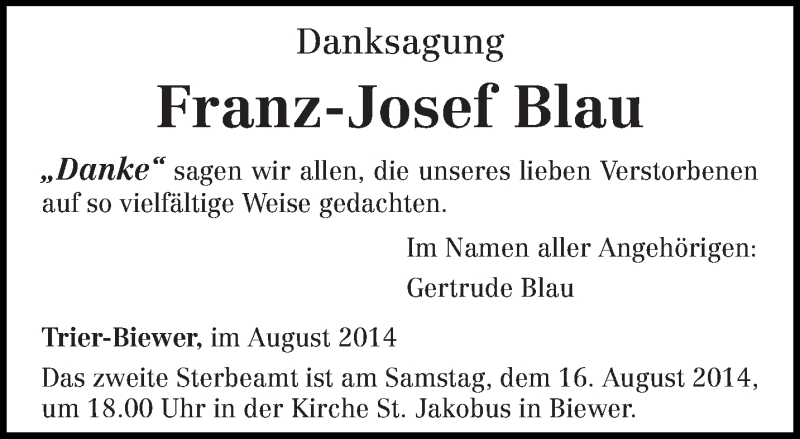  Traueranzeige für Franz-Josef Blau vom 09.08.2014 aus trierischer_volksfreund