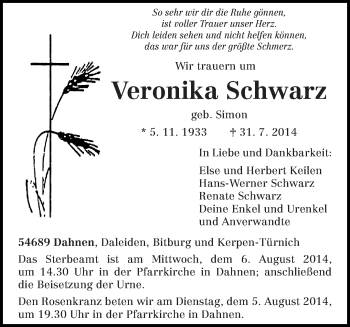 Traueranzeige von Veronika Schwarz von trierischer_volksfreund