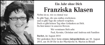 Traueranzeige von Franziska Klasen von trierischer_volksfreund