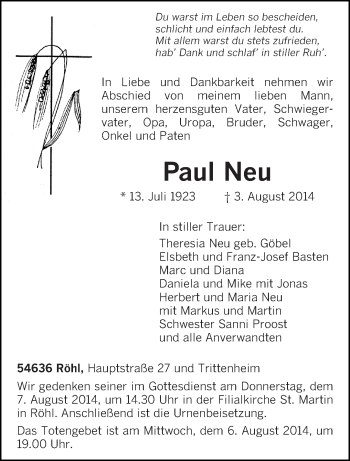 Traueranzeige von Paul Neu von trierischer_volksfreund