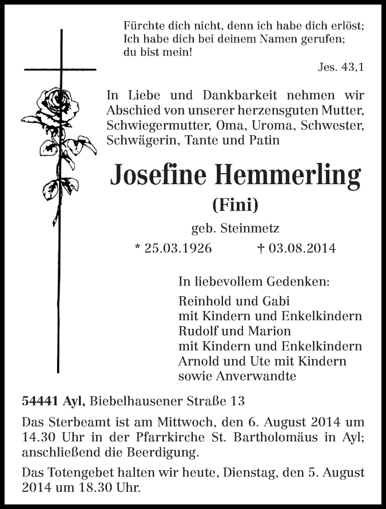  Traueranzeige für Josefine Hemmerling vom 05.08.2014 aus trierischer_volksfreund