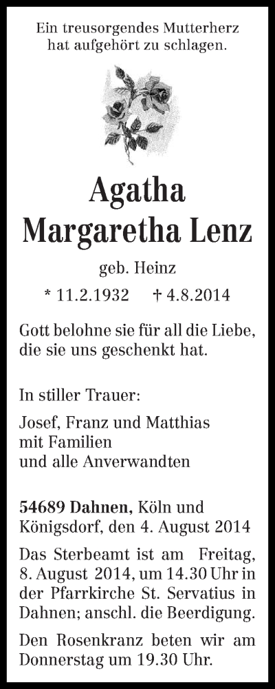  Traueranzeige für Agatha Margaretha Lenz vom 06.08.2014 aus trierischer_volksfreund