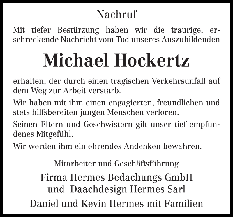  Traueranzeige für Michael Hockertz vom 08.08.2014 aus trierischer_volksfreund