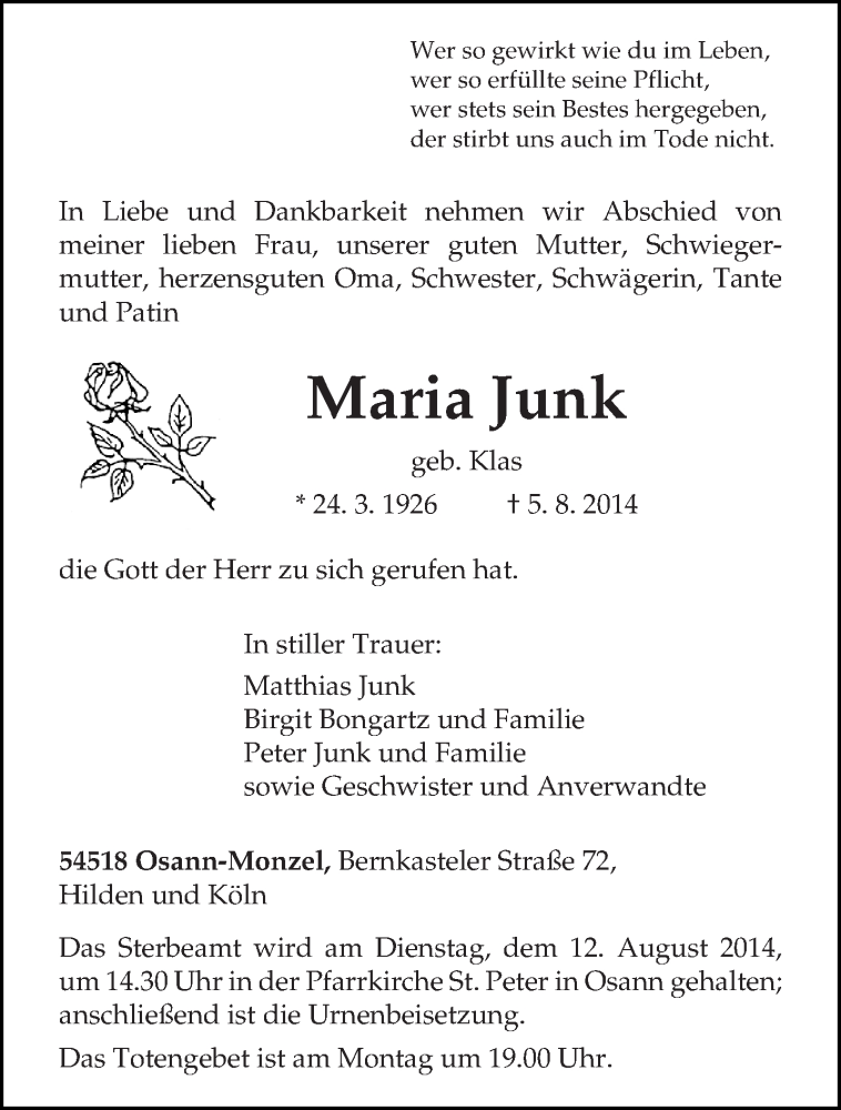  Traueranzeige für Maria Junk vom 09.08.2014 aus trierischer_volksfreund