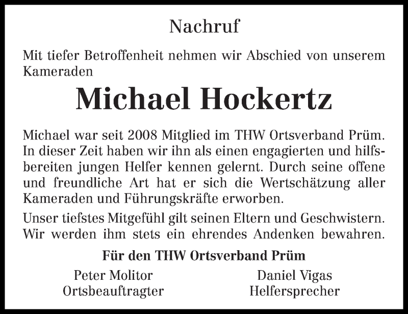  Traueranzeige für Michael Hockertz vom 09.08.2014 aus trierischer_volksfreund