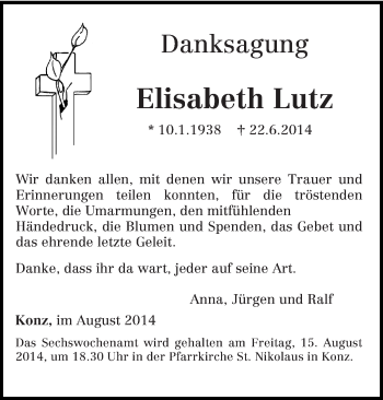 Traueranzeige von Elisabeth Lutz von trierischer_volksfreund
