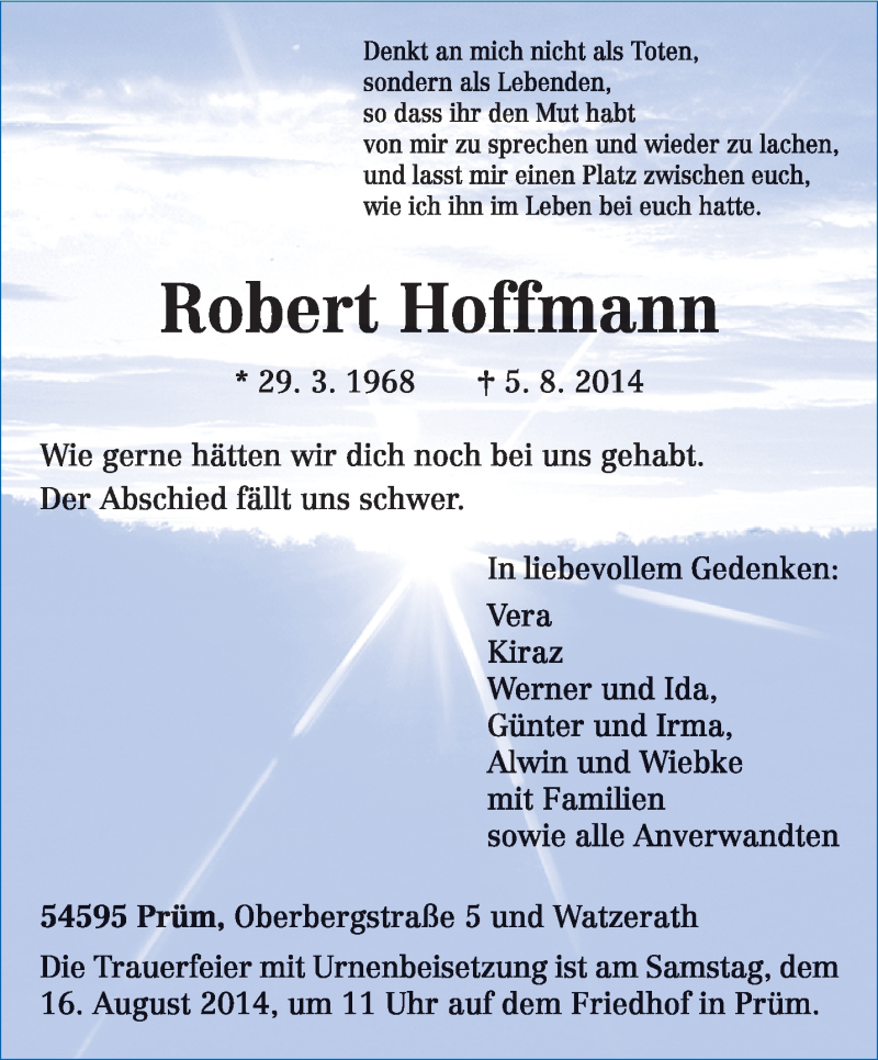  Traueranzeige für Robert Hoffmann vom 12.08.2014 aus trierischer_volksfreund