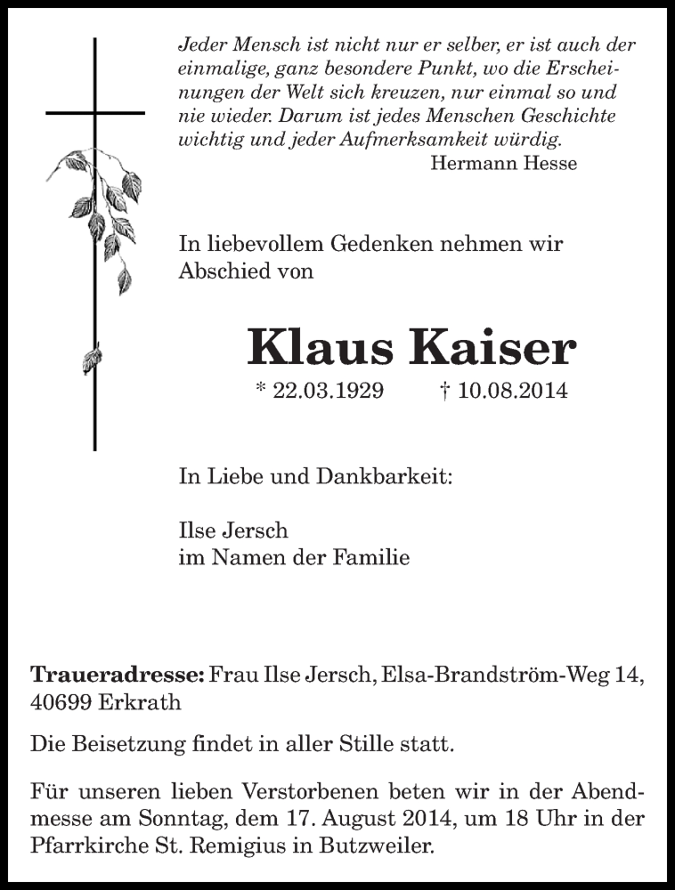  Traueranzeige für Klaus Kaiser vom 13.08.2014 aus trierischer_volksfreund