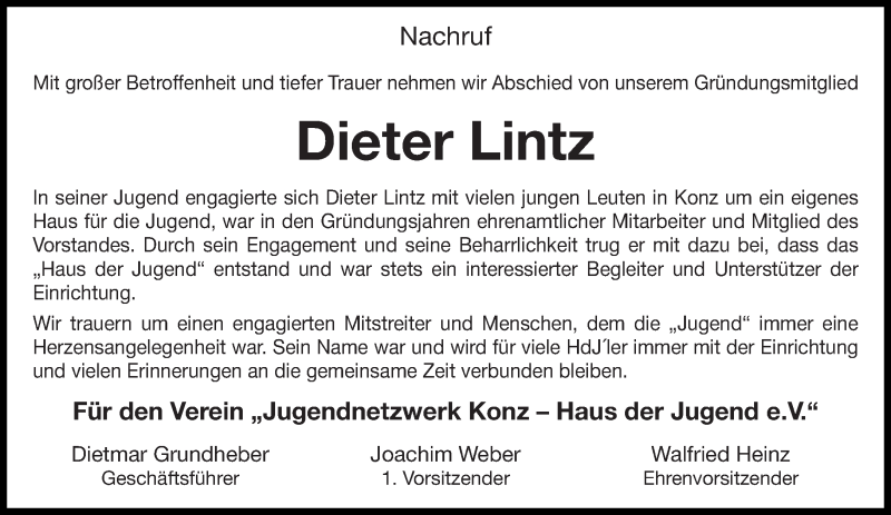  Traueranzeige für Dieter Lintz vom 15.08.2014 aus trierischer_volksfreund