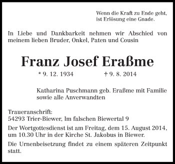 Traueranzeige von Franz Josef Eraßme von trierischer_volksfreund