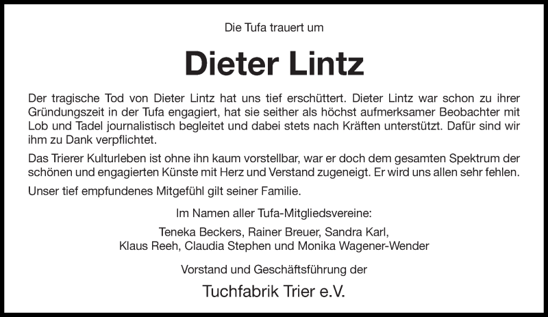  Traueranzeige für Dieter Lintz vom 15.08.2014 aus trierischer_volksfreund