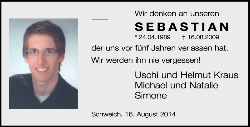  Traueranzeige für Sebastian Kraus vom 16.08.2014 aus trierischer_volksfreund
