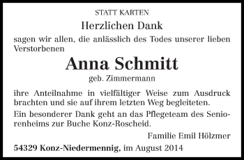 Traueranzeige von Anna Schmitt von trierischer_volksfreund