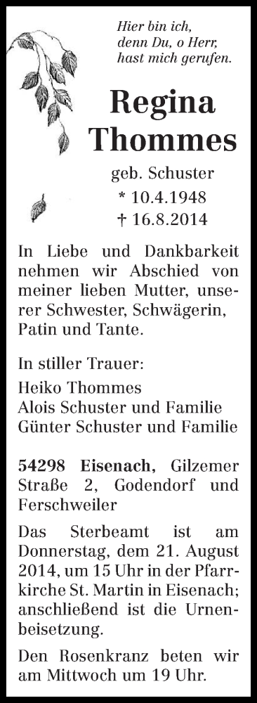  Traueranzeige für Regina Thommes vom 19.08.2014 aus trierischer_volksfreund